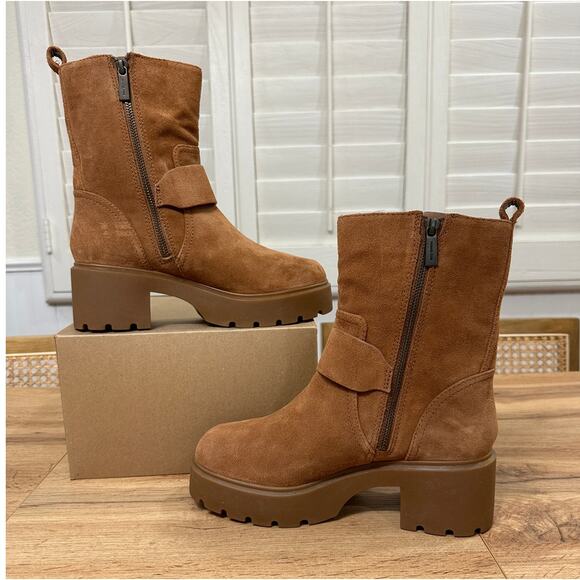 Michael Kors Perry Suede Moto Boots Luggage Camel Size 8 NWOB Chic Edgy Lug Sole - Picture 9 of 14
